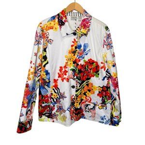Chico's White Floral Colourful Jacket Size XL Feminine